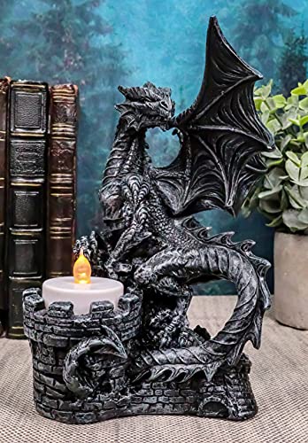 Fire Dragon Perching On Castle Turret Candleholder Statue