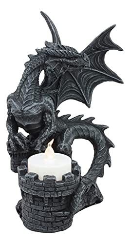 Fire Dragon Perching On Castle Turret Candleholder Statue