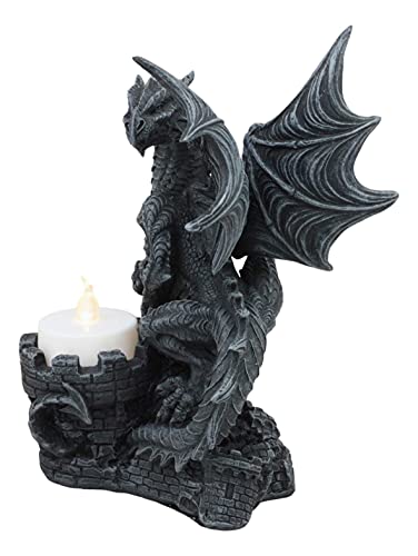 Fire Dragon Perching On Castle Turret Candleholder Statue