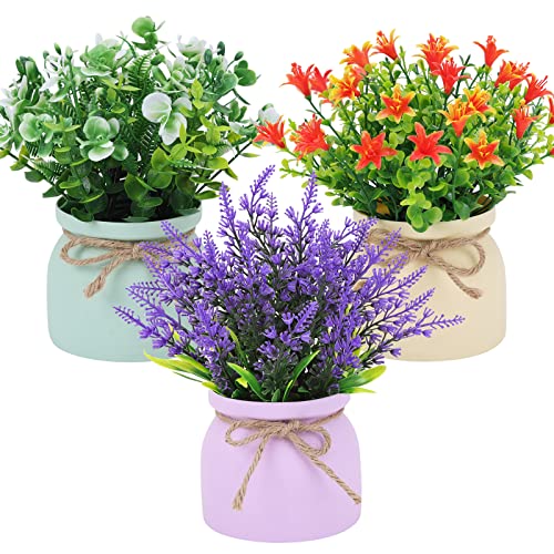 CEWOR 3 Pack Small Fake Potted Plants: Lavender, Eucalyptus