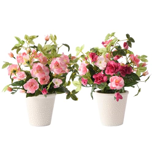 2pcs Artificial Flowers with Plastic Pots, Potted Silk Rose