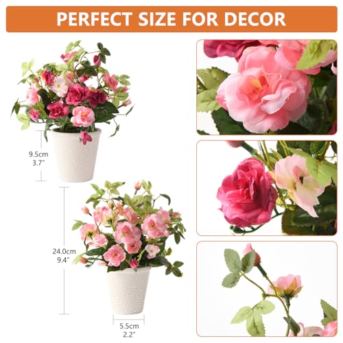 2pcs Artificial Flowers with Plastic Pots, Potted Silk Rose
