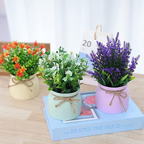 CEWOR 3 Pack Small Fake Potted Plants: Lavender, Eucalyptus