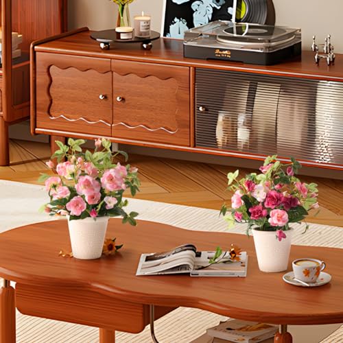 2pcs Artificial Flowers with Plastic Pots, Potted Silk Rose