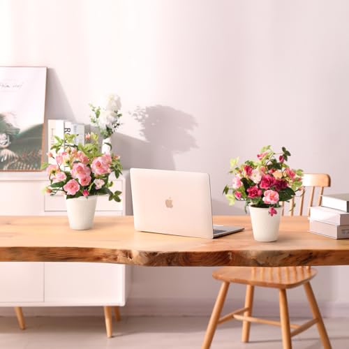 2pcs Artificial Flowers with Plastic Pots, Potted Silk Rose