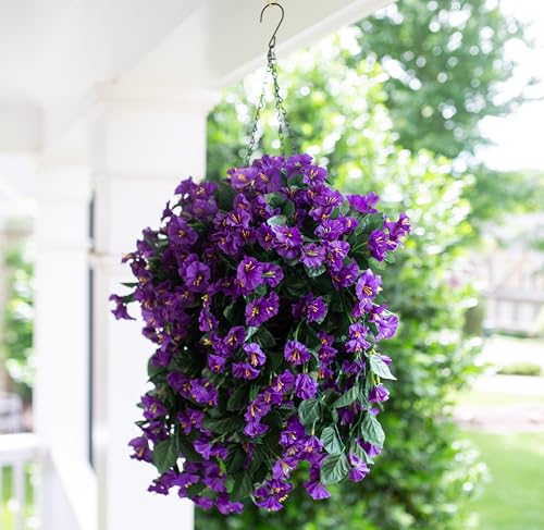 Purple Morning Glory Silk Hanging Flower Basket for Outdoors