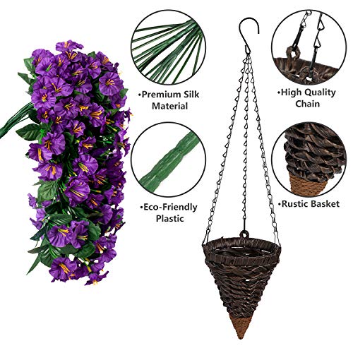 Purple Morning Glory Silk Hanging Flower Basket for Outdoors