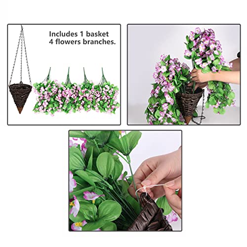 Purple Morning Glory Silk Hanging Flower Basket for Outdoors