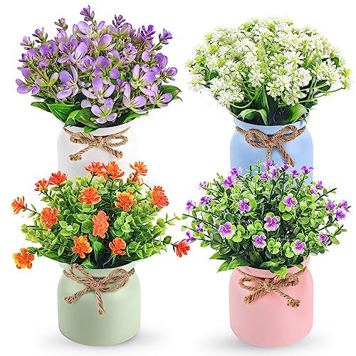 4-Pack Small Fake Plants in Plastic Macaron Pot