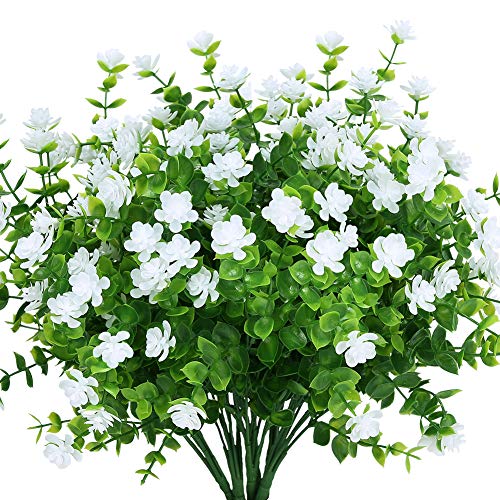 8 Bundles UV Resistant Outdoor Artificial White Flowers