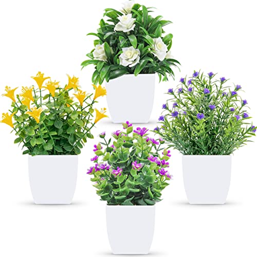 4 Pack Mini Artificial Plants with Flowers for Decor