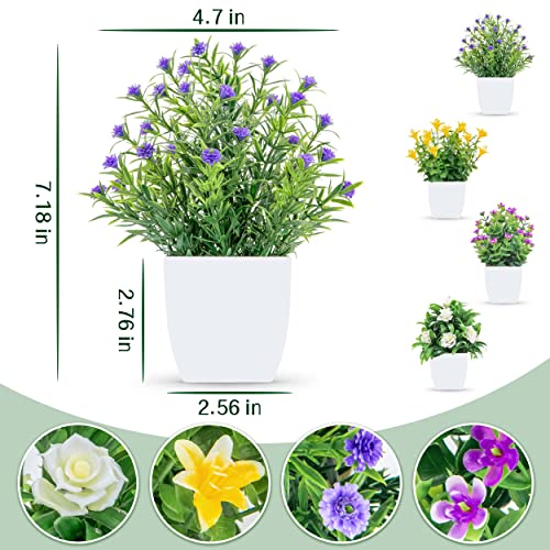 4 Pack Mini Artificial Plants with Flowers for Decor
