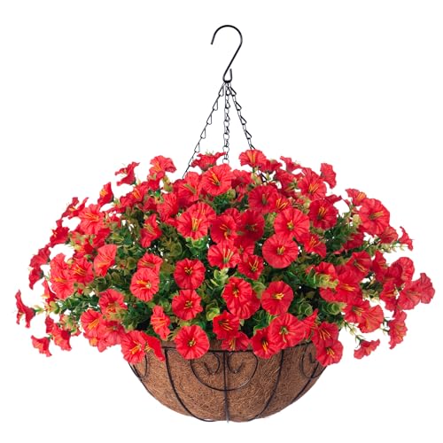UV Resistant Artificial Red Morning Glory Hanging Basket