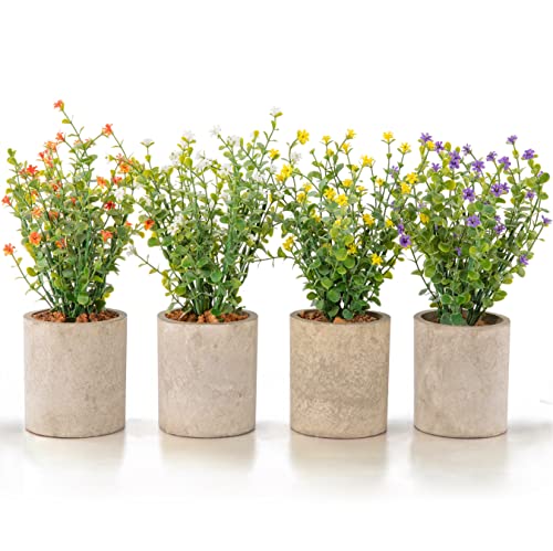 Set of 4 Antique Artificial Plants in Rustic Pots