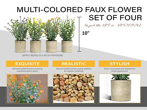 Set of 4 Antique Artificial Plants in Rustic Pots