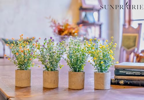 Set of 4 Antique Artificial Plants in Rustic Pots
