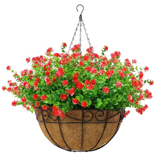 CEWOR Artificial Hanging Flowers in Coconut Basket (Red)