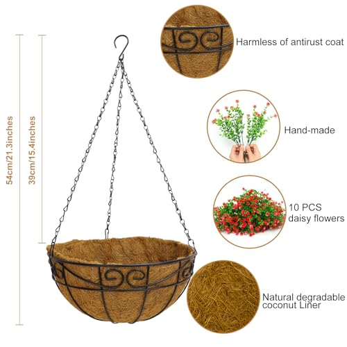 CEWOR Artificial Hanging Flowers in Coconut Basket (Red)