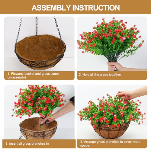 CEWOR Artificial Hanging Flowers in Coconut Basket (Red)