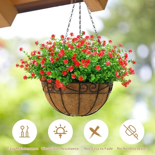 CEWOR Artificial Hanging Flowers in Coconut Basket (Red)