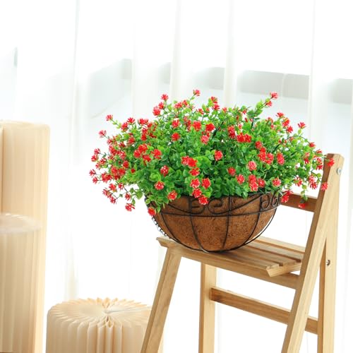 CEWOR Artificial Hanging Flowers in Coconut Basket (Red)