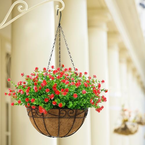 CEWOR Artificial Hanging Flowers in Coconut Basket (Red)