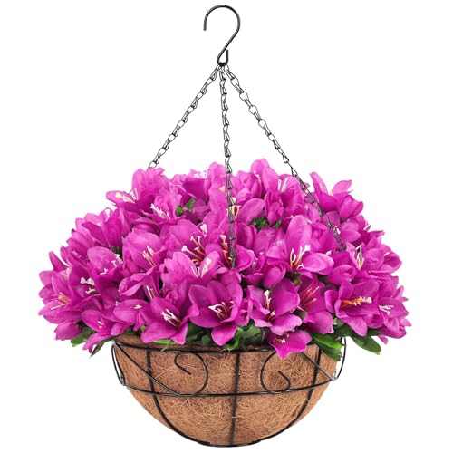 Silk Azalea Flowers in Coconut Lined Hanging Basket
