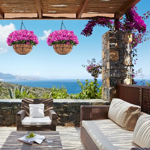 Silk Azalea Flowers in Coconut Lined Hanging Basket