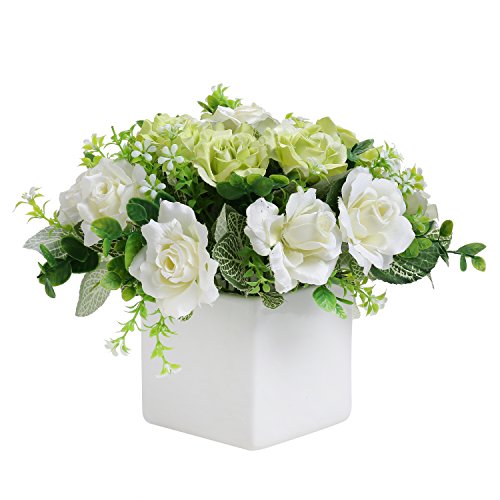 White Rose Artificial Flower Bouquet in Ceramic Vase