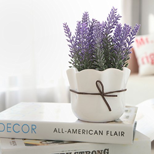Artificial Lavender Flower Bouquet in White Ceramic Pot