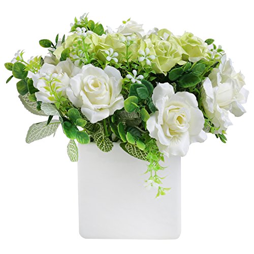 White Rose Artificial Flower Bouquet in Ceramic Vase