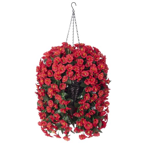 Artificial Hanging Red Morning Glory Flowers in Basket