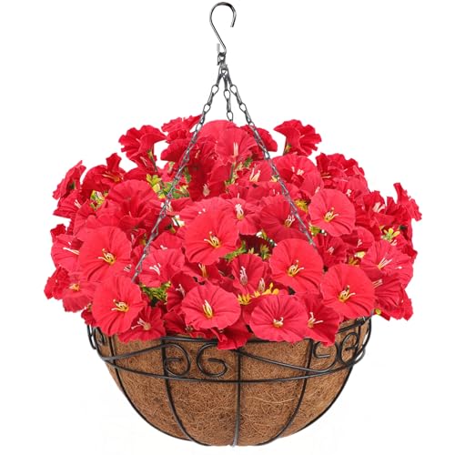 CEWOR Artificial Hanging Petunias in Coconut Lined Basket