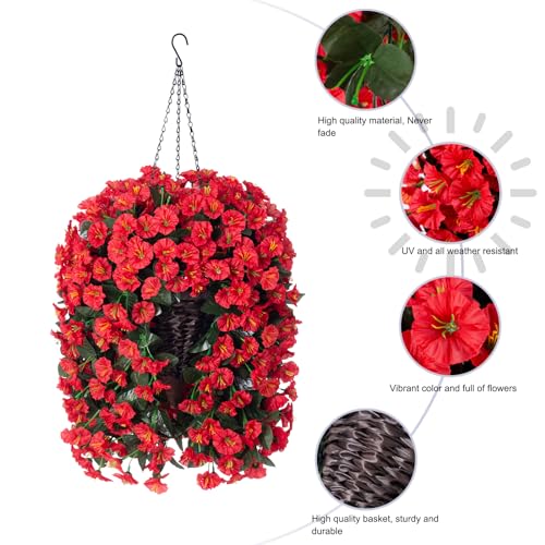 Artificial Hanging Red Morning Glory Flowers in Basket