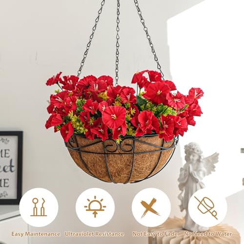 CEWOR Artificial Hanging Petunias in Coconut Lined Basket