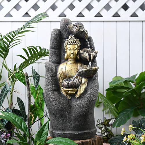Zen Buddha Palm Water Fountain with LED Light