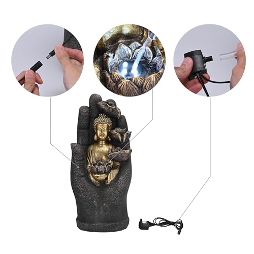 Zen Buddha Palm Water Fountain with LED Light