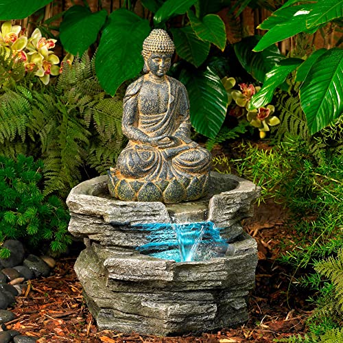 Rustic Zen Outdoor Buddha Fountain with LED Light