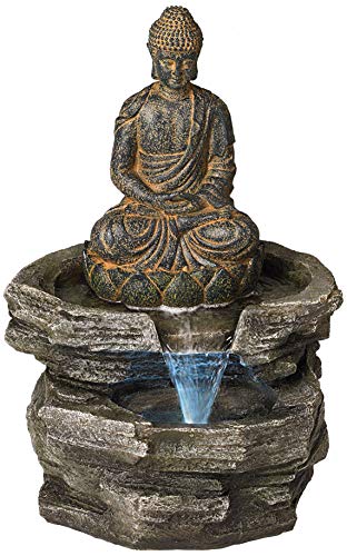 Rustic Zen Outdoor Buddha Fountain with LED Light