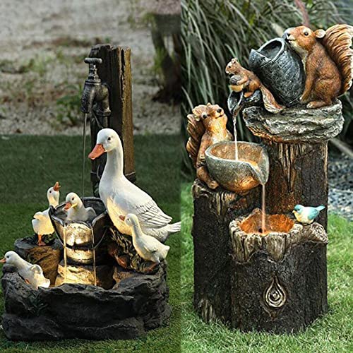 Solar Powered Squirrel Sculpture Water Feature with LED Light