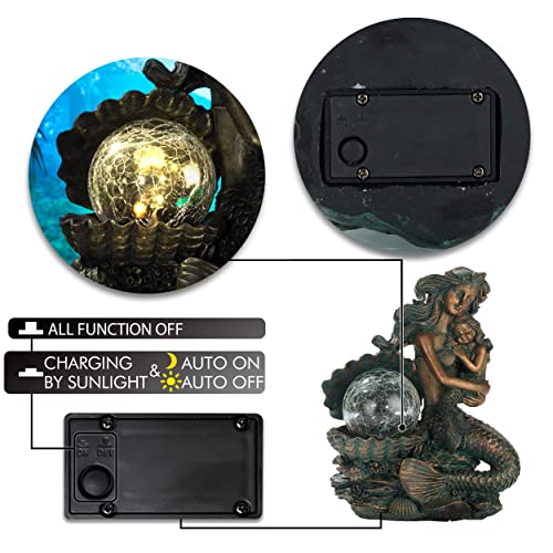 Mermaid Mother and Child Sculpture with Solar Outdoor Light
