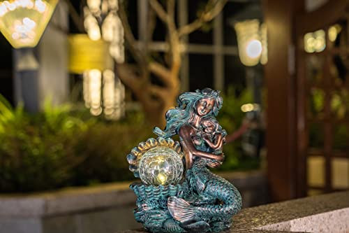Mermaid Mother and Child Sculpture with Solar Outdoor Light