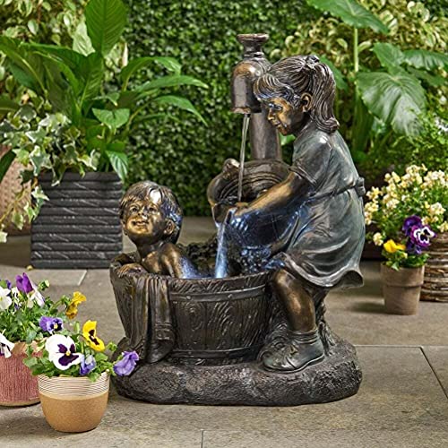 Outdoor Boy and Girl Water Drinking Statue Set
