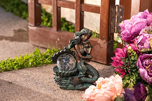 Mermaid Mother and Child Sculpture with Solar Outdoor Light