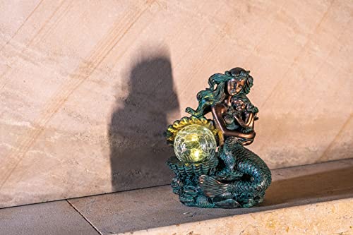 Mermaid Mother and Child Sculpture with Solar Outdoor Light