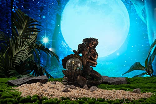 Mermaid Mother and Child Sculpture with Solar Outdoor Light