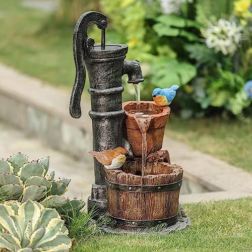 Resin Barrel Water Fountain with Birds, Water Pump
