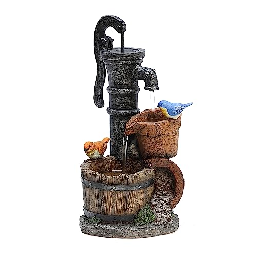 Resin Barrel Water Fountain with Birds, Water Pump
