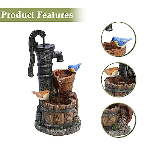 Resin Barrel Water Fountain with Birds, Water Pump