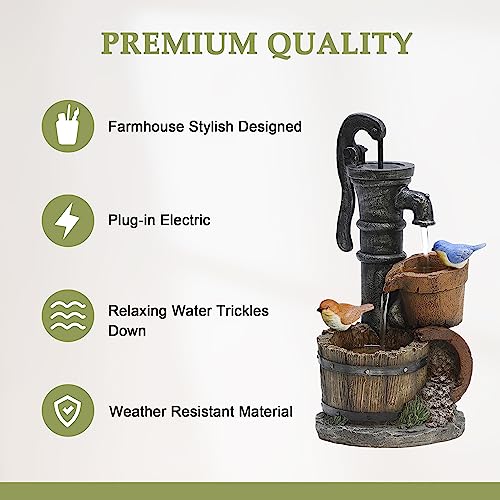 Resin Barrel Water Fountain with Birds, Water Pump